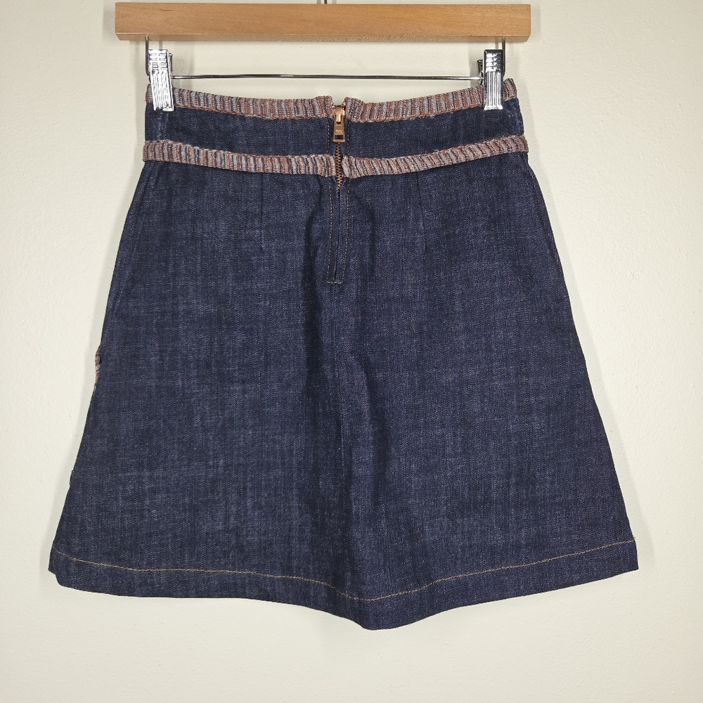 See By Chloe Dark Wash A-Line Denim Mini Skirt Multicolor Piping Pockets 24" - Picture 3 of 6